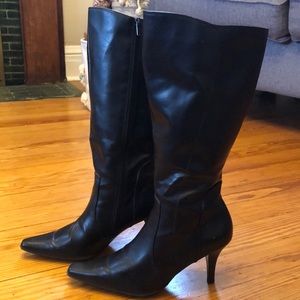 Black high heel boots with pointed toes.